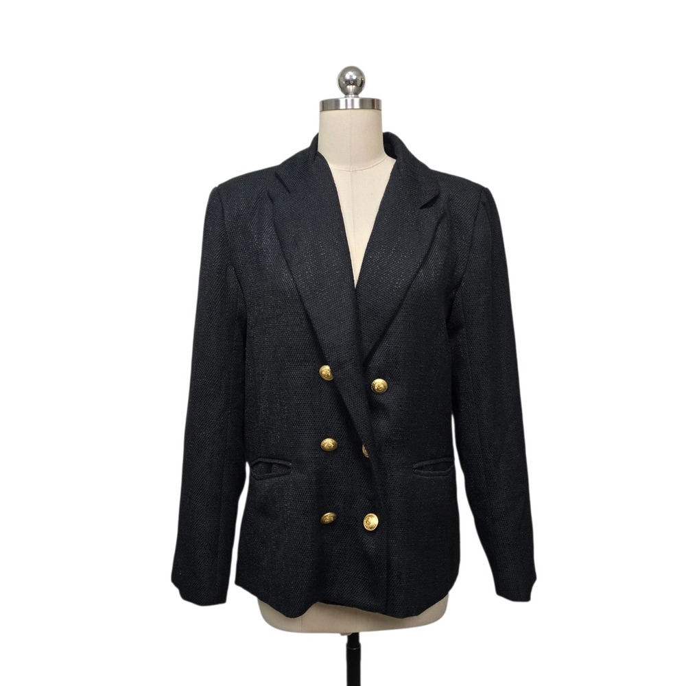 Bishop + Young Womens Black Textured Double Breastedโ Blazer Gold Buttons Size M